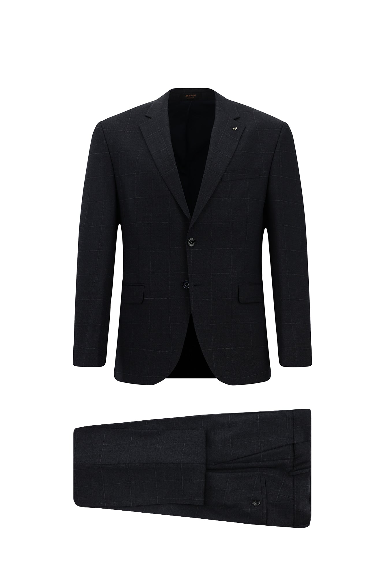 Koyu Lacivert Slim Fit Dar Kesim Kareli Yünlü Klasik Takım Elbise