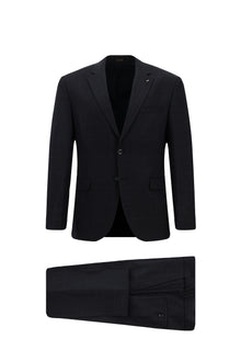 Koyu Lacivert Slim Fit Dar Kesim Kareli Yünlü Klasik Takım Elbise