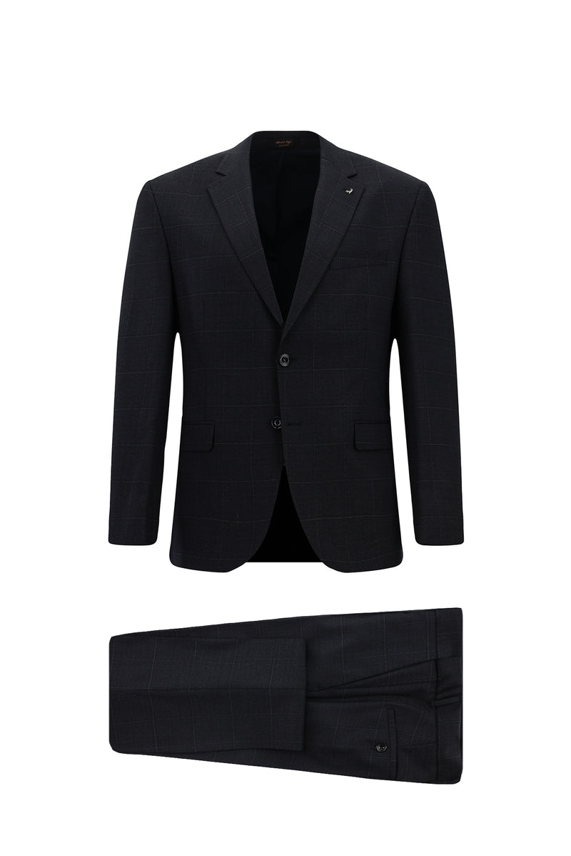 Koyu Lacivert Slim Fit Dar Kesim Kareli Yünlü Klasik Takım Elbise