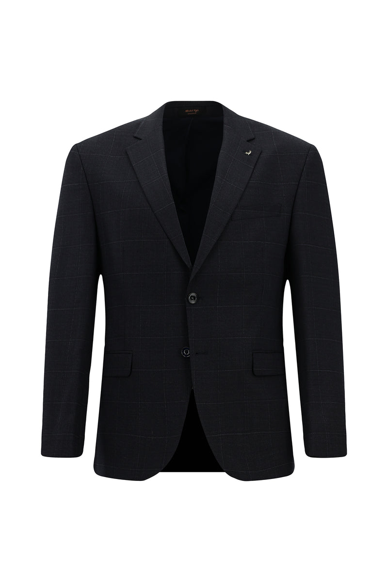 Koyu Lacivert 7 Drop Slim Fit Dar Kesim Kareli Yünlü Takım Elbise