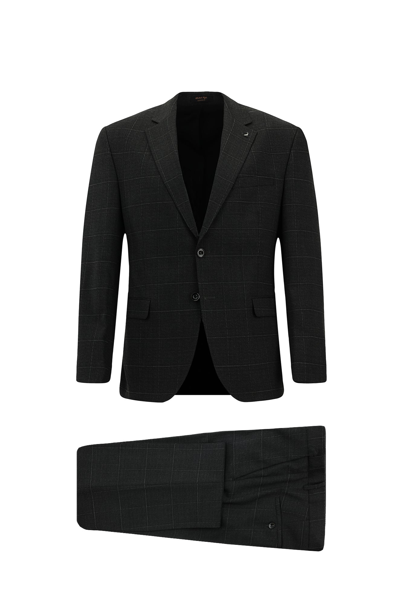 Koyu Antrasit Slim Fit Dar Kesim Kareli Yünlü Klasik Takım Elbise