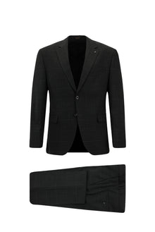 Koyu Antrasit Slim Fit Dar Kesim Kareli Yünlü Klasik Takım Elbise