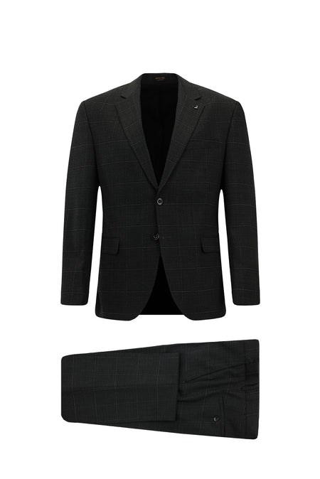 Koyu Antrasit Slim Fit Dar Kesim Kareli Yünlü Klasik Takım Elbise