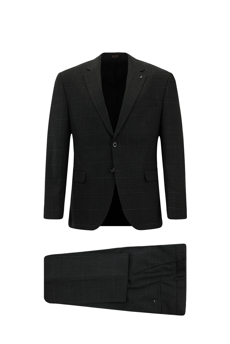 Koyu Antrasit Slim Fit Dar Kesim Kareli Yünlü Klasik Takım Elbise