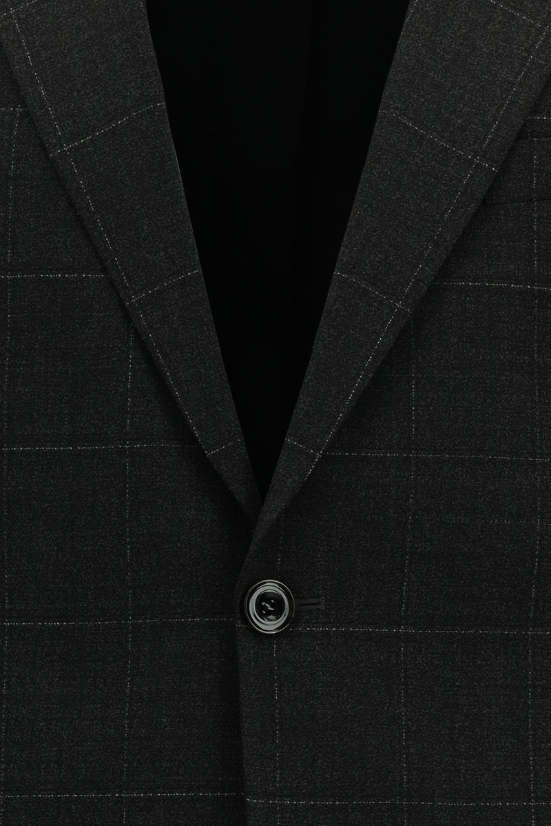 Koyu Antrasit Slim Fit Dar Kesim Kareli Yünlü Klasik Takım Elbise