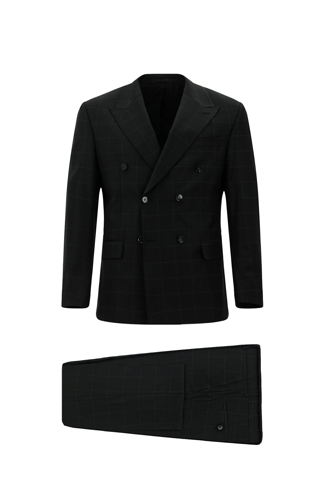 Siyah Regular Fit Flex Suit Yünlü Kareli Kruvaze Takım Elbise