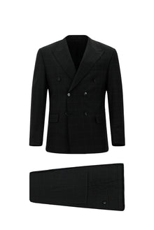 Siyah Regular Fit Flex Suit Yünlü Kareli Kruvaze Takım Elbise