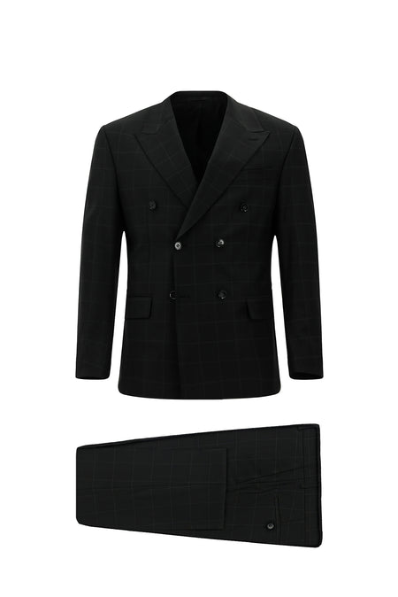 Siyah Regular Fit Flex Suit Yünlü Kareli Kruvaze Takım Elbise