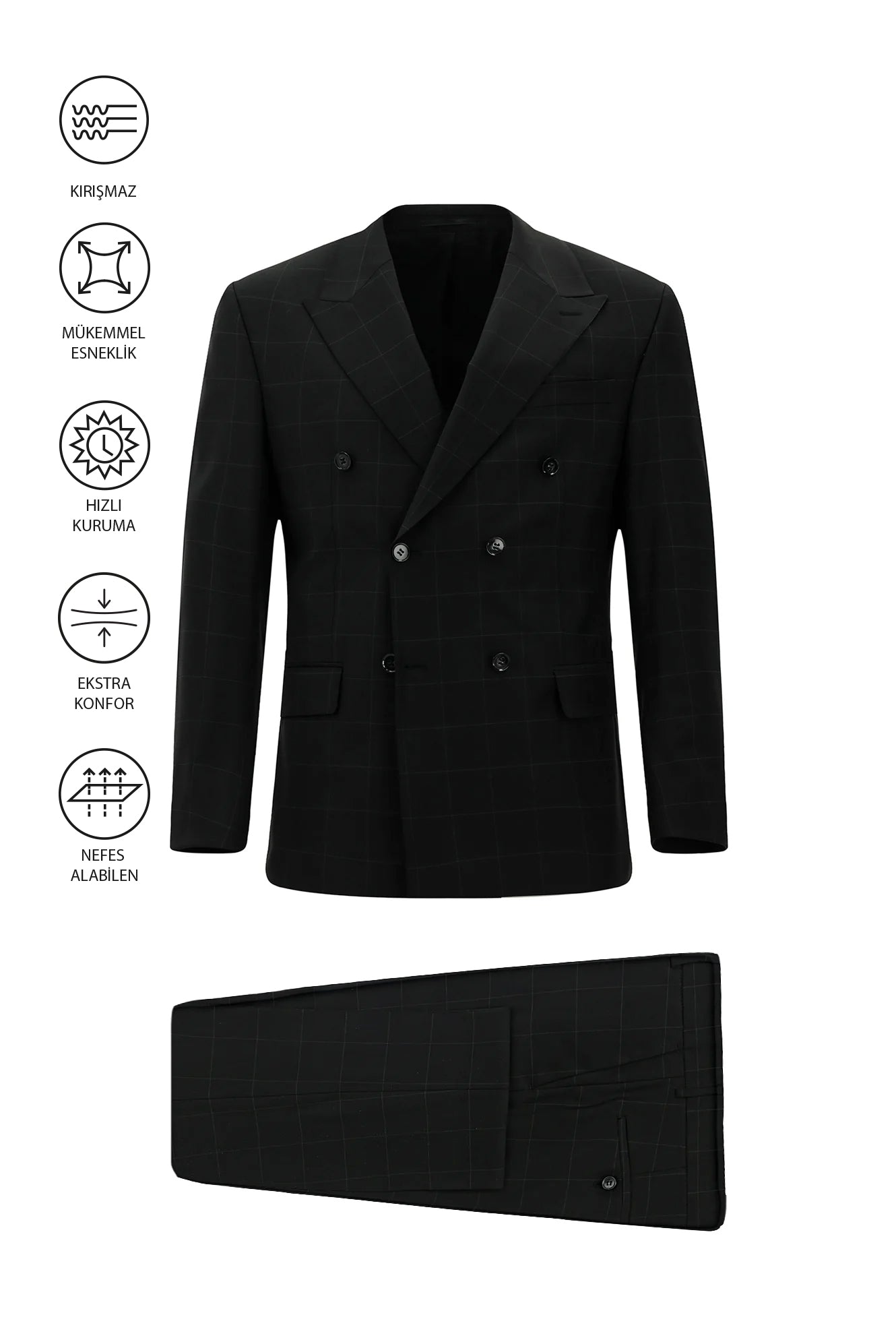 Siyah Regular Fit Flex Suit Yünlü Kareli Kruvaze Çantalı Takım Elbise