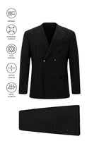 Siyah Regular Fit Flex Suit Yünlü Kareli Kruvaze Çantalı Takım Elbise