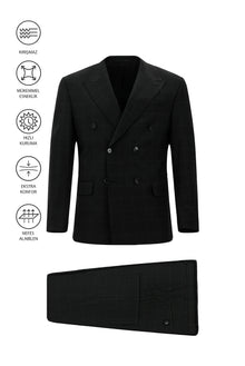 Siyah Regular Fit Flex Suit Yünlü Kareli Kruvaze Çantalı Takım Elbise