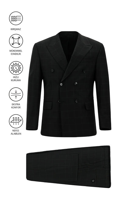 Siyah Regular Fit Flex Suit Yünlü Kareli Kruvaze Çantalı Takım Elbise