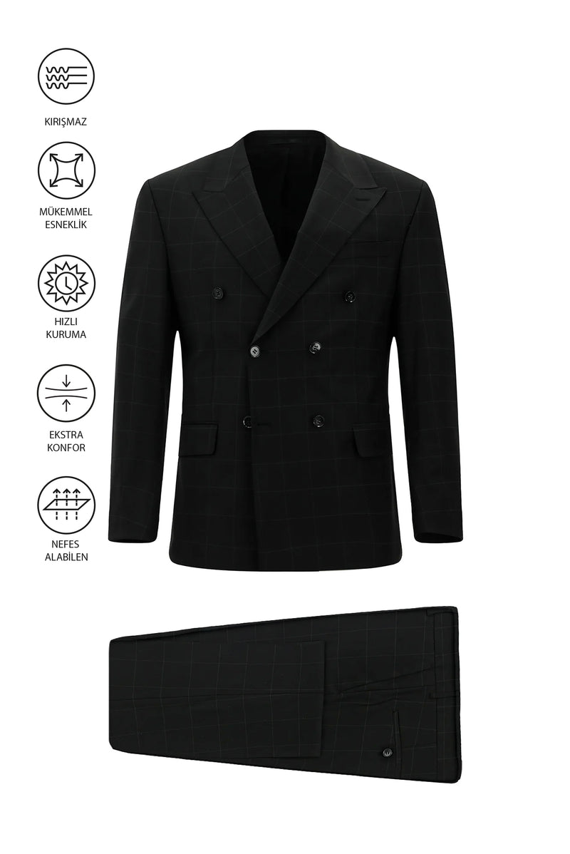 Siyah Regular Fit Flex Suit Yünlü Kareli Kruvaze Çantalı Takım Elbise