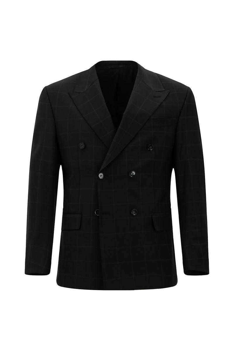 Siyah Regular Fit Flex Suit Yünlü Kareli Kruvaze Çantalı Takım Elbise