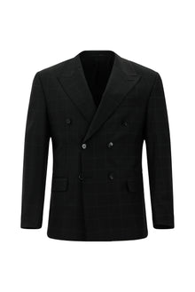 Siyah Regular Fit Flex Suit Yünlü Kareli Kruvaze Takım Elbise