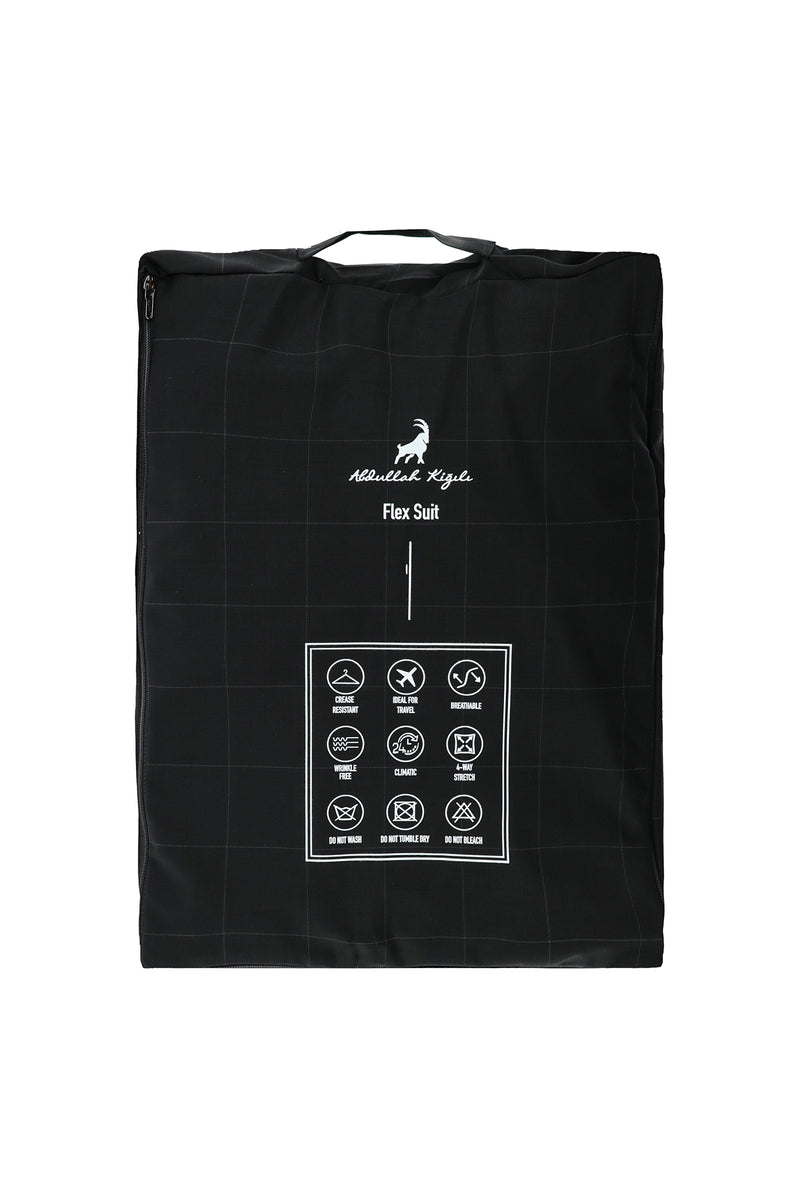 Siyah Regular Fit Flex Suit Yünlü Kareli Kruvaze Çantalı Takım Elbise