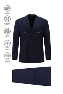 Koyu Lacivert Regular Fit Flex Suit Yünlü Kareli Kruvaze Çantalı Takım Elbise