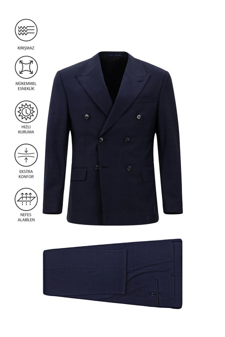 Koyu Lacivert Regular Fit Flex Suit Yünlü Kareli Kruvaze Çantalı Takım Elbise