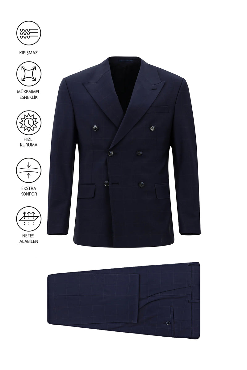 Koyu Lacivert Regular Fit Flex Suit Yünlü Kareli Kruvaze Çantalı Takım Elbise