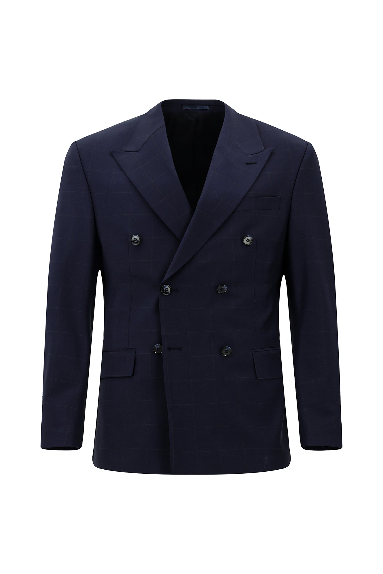 Koyu Lacivert Regular Fit Flex Suit Yünlü Kareli Kruvaze Çantalı Takım Elbise