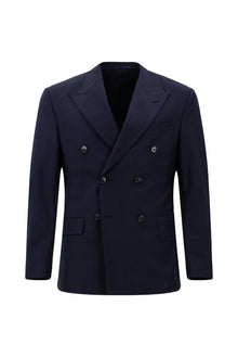 Koyu Lacivert Regular Fit Flex Suit Yünlü Kareli Kruvaze Çantalı Takım Elbise