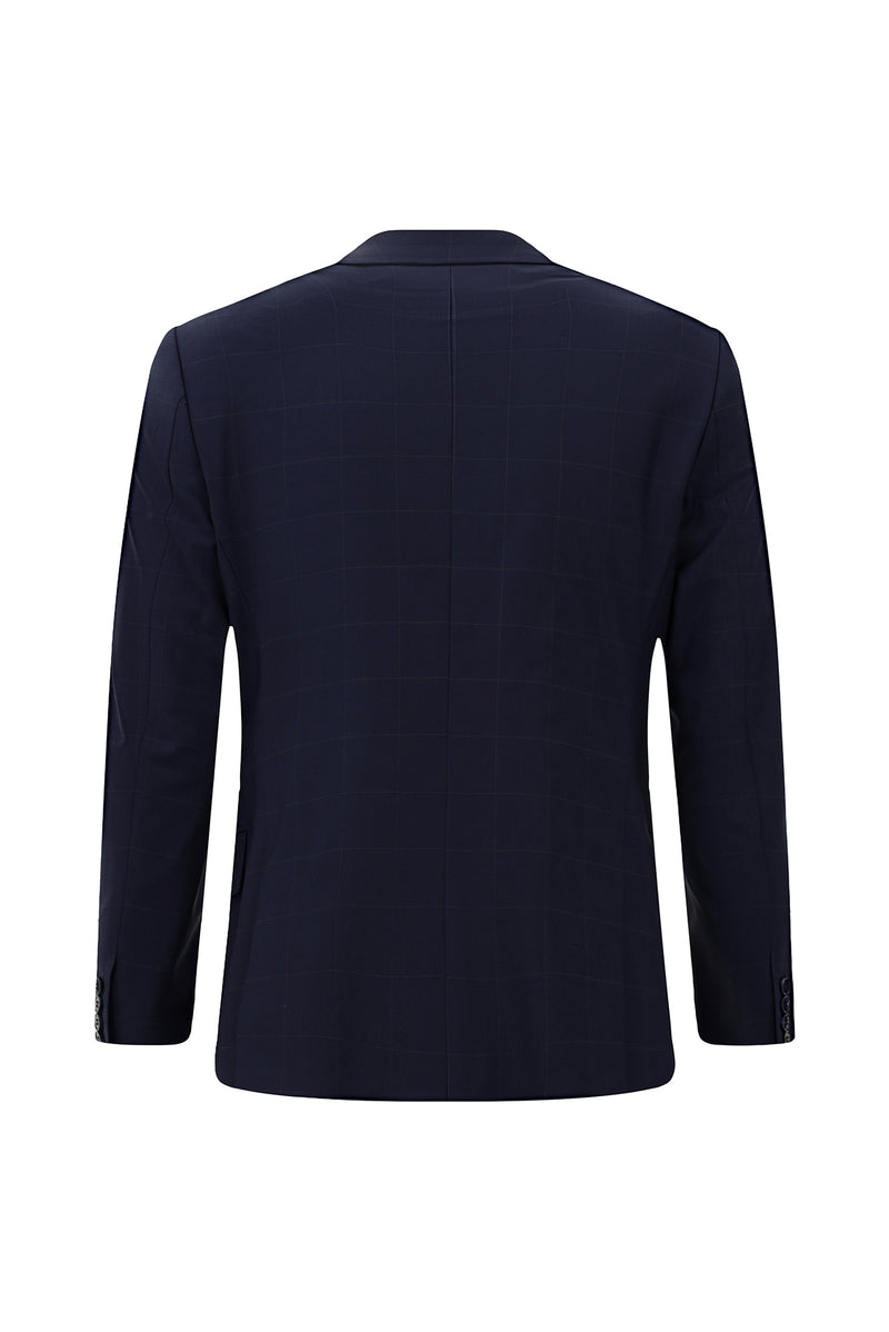 Koyu Lacivert Regular Fit Flex Suit Yünlü Kareli Kruvaze Çantalı Takım Elbise