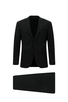 Siyah Regular Fit Flex Suit Yünlü Kareli Klasik Takım Elbise