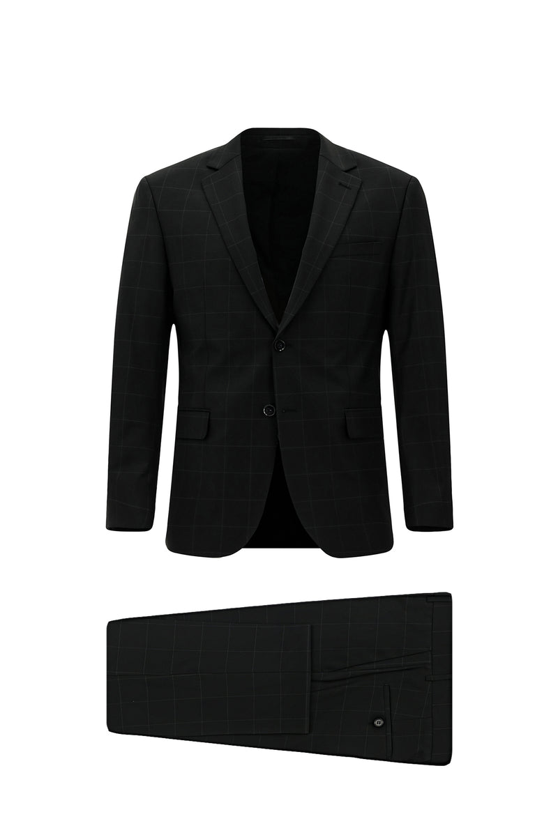 Siyah Regular Fit Flex Suit Yünlü Kareli Klasik Takım Elbise