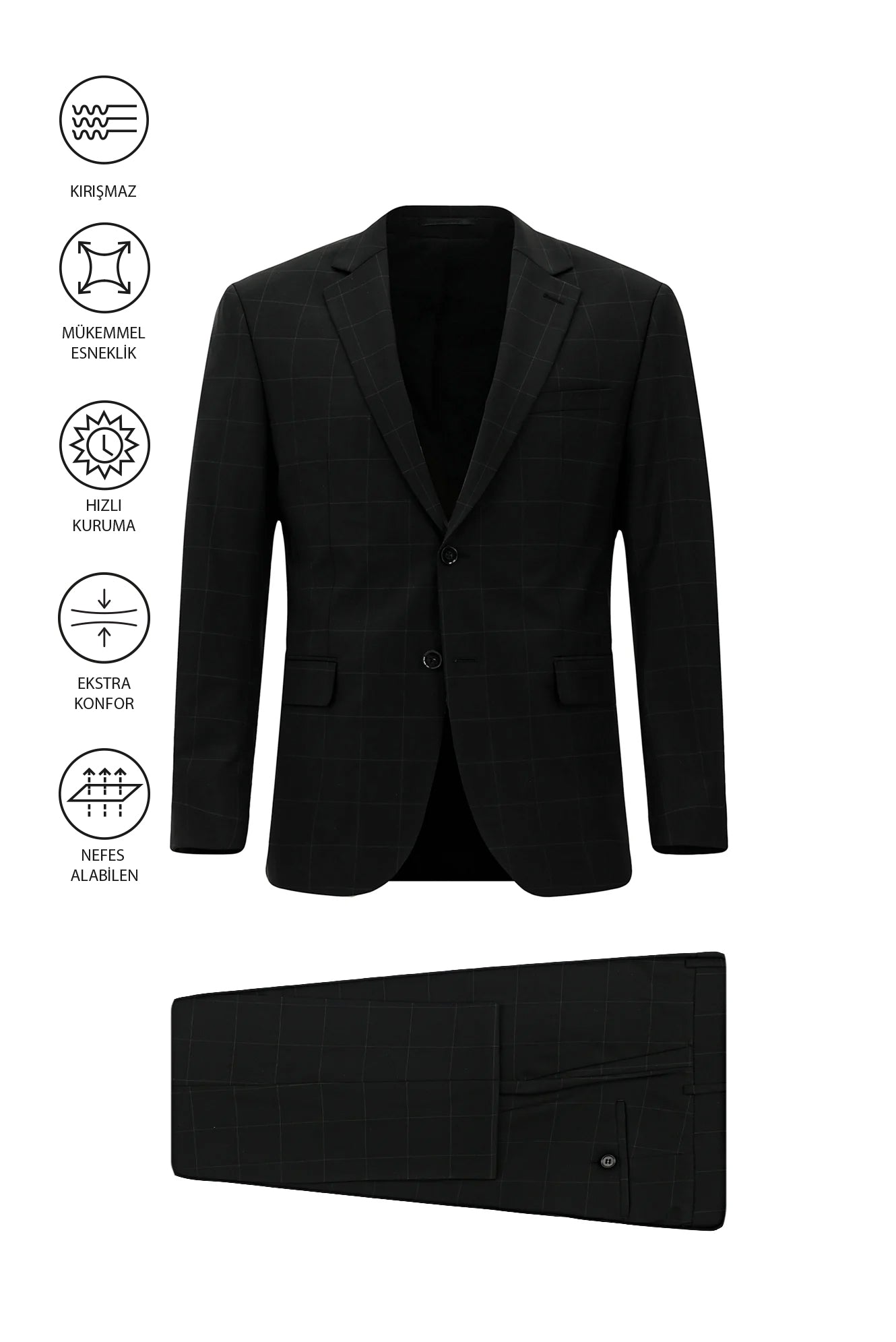 Siyah 6 Drop Regular Fit Standart Kesim Flex Suit Yünlü Kareli Çantal? Tak?m Elbise-Abdullah Ki??l?
