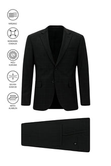 Siyah 6 Drop Regular Fit Standart Kesim Flex Suit Yünlü Kareli Çantal? Tak?m Elbise-Abdullah Ki??l?