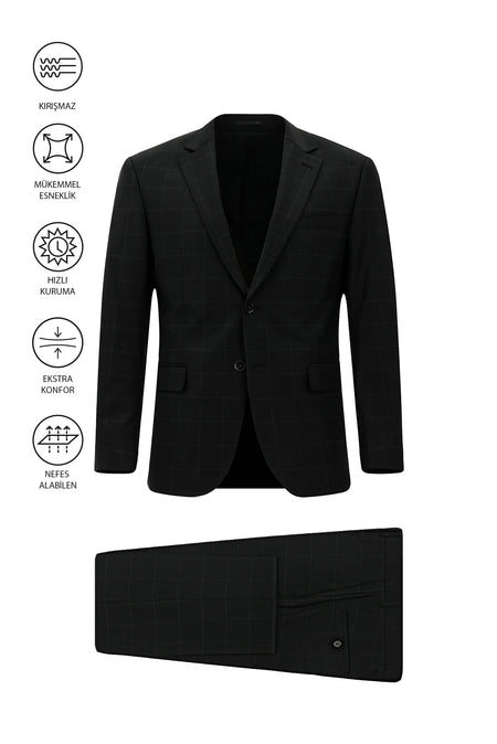 Siyah 6 Drop Regular Fit Standart Kesim Flex Suit Yünlü Kareli Çantal? Tak?m Elbise-Abdullah Ki??l?