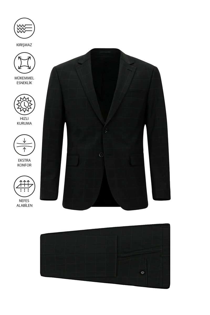 Siyah Regular Fit Flex Suit Yünlü Kareli Klasik Çantalı Takım Elbise