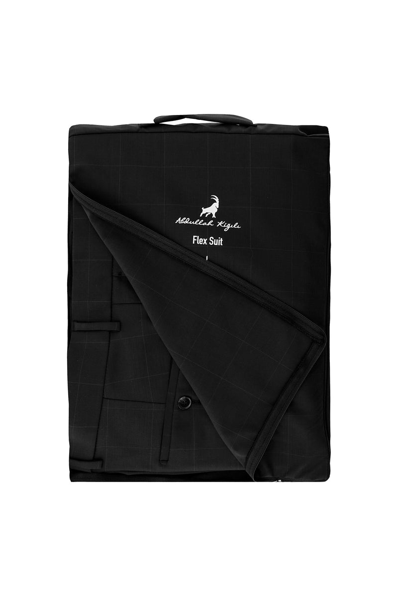 Siyah Regular Fit Flex Suit Yünlü Kareli Klasik Çantalı Takım Elbise
