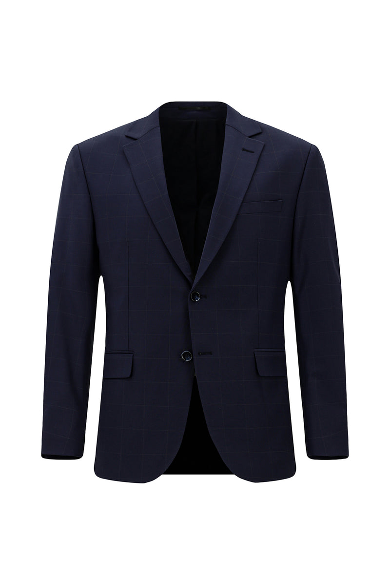 Koyu Lacivert Regular Fit Flex Suit Yünlü Kareli Klasik Takım Elbise