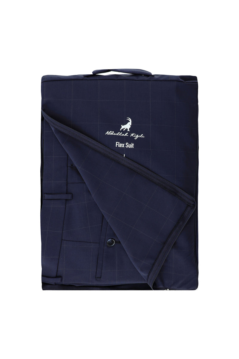 Koyu Lacivert 6 Drop Regular Fit Standart Kesim Flex Suit Yünlü Kareli Çantalı Takım Elbise