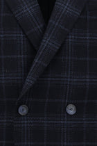 Koyu Lacivert Regular Fit Yünlü Ekose Beli Lastikli Kombinli Kruvaze Takım Elbise