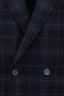 Koyu Lacivert Regular Fit Yünlü Ekose Beli Lastikli Kombinli Kruvaze Takım Elbise