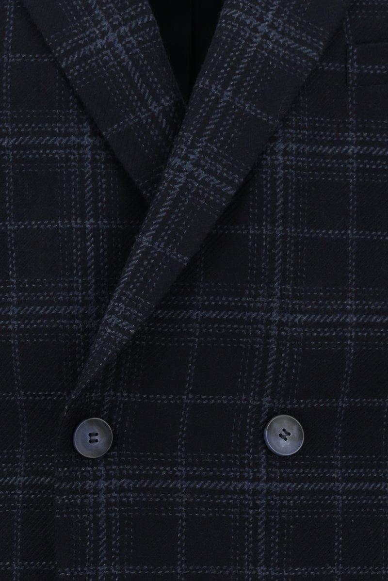 Koyu Lacivert Regular Fit Yünlü Ekose Beli Lastikli Kombinli Kruvaze Takım Elbise