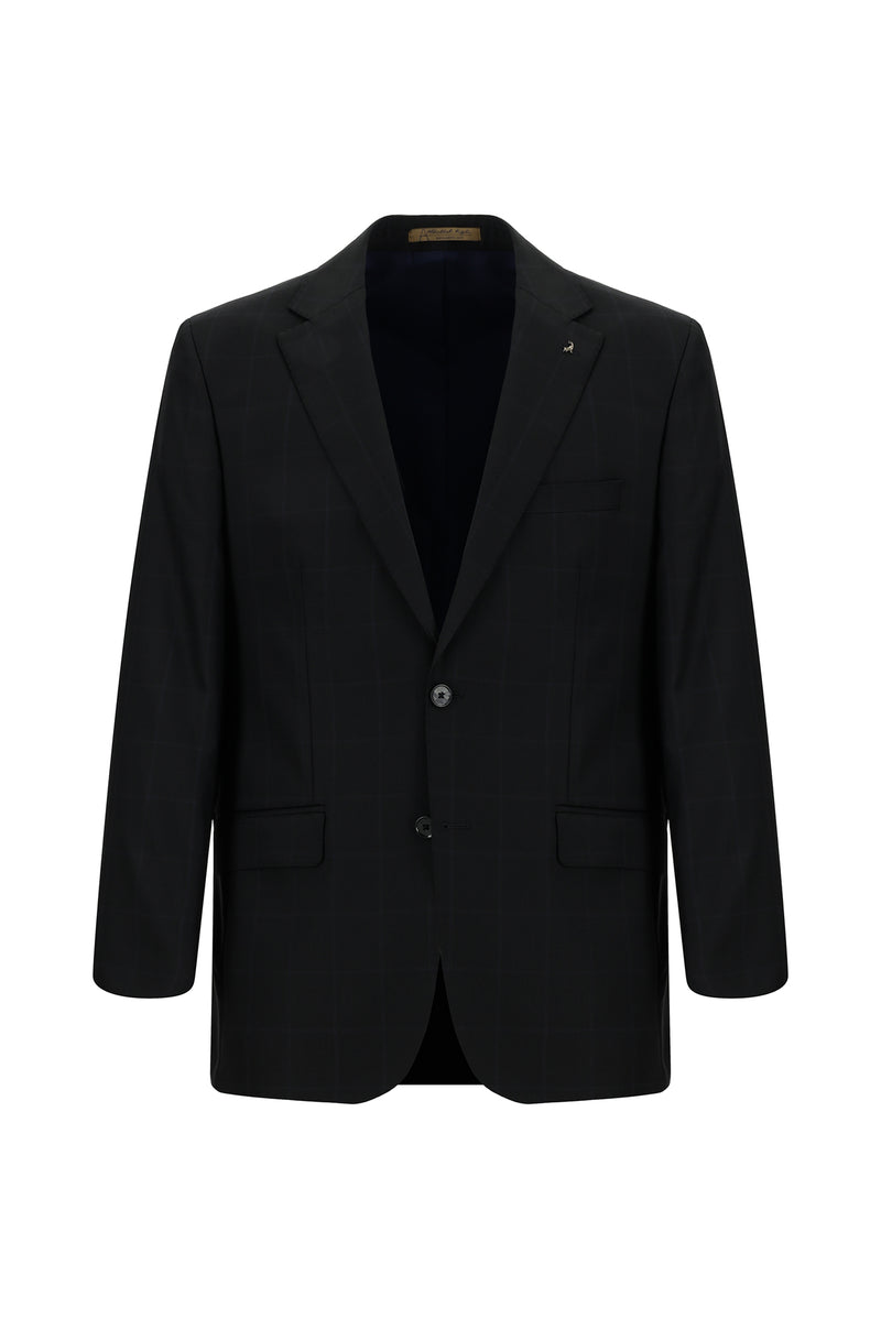 Koyu Lacivert Relaxed Fit Rahat Kesim Klasik Ekose İtalyan Yün Takım Elbise