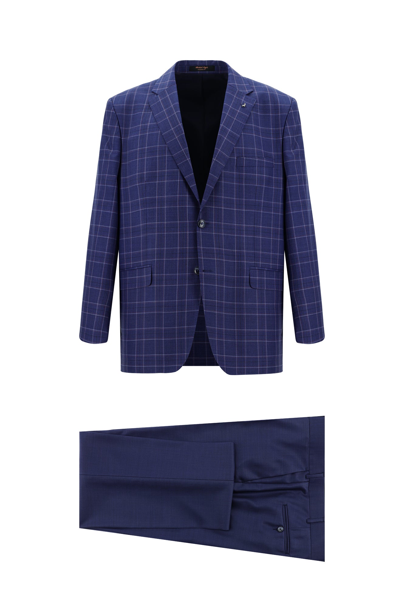 Koyu Mavi  Relaxed Fit Rahat Kesim Yünlü Ekose Kombinli Takım Elbise