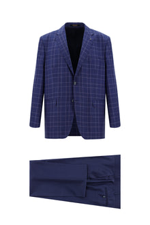 Koyu Mavi  Relaxed Fit Rahat Kesim Yünlü Ekose Kombinli Takım Elbise