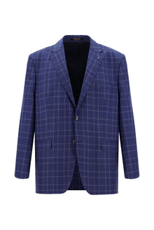 Koyu Mavi  Relaxed Fit Rahat Kesim Yünlü Ekose Kombinli Takım Elbise