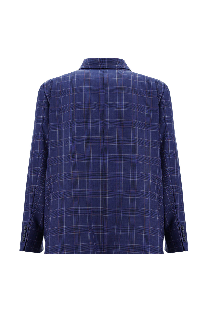 Koyu Mavi  Relaxed Fit Rahat Kesim Yünlü Ekose Kombinli Takım Elbise