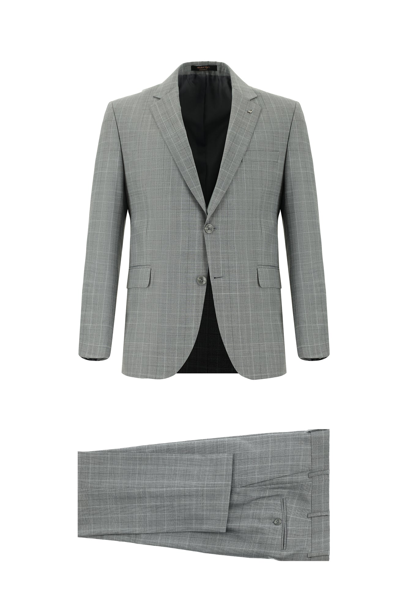 Orta Füme Slim Fit Dar Kesim Yünlü Klasik Ekose Takım Elbise