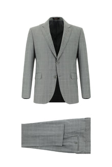 Orta Füme Slim Fit Dar Kesim Yünlü Klasik Ekose Takım Elbise