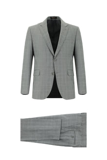 Orta Füme Relaxed Fit Rahat Kesim Yünlü Klasik Ekose Takım Elbise