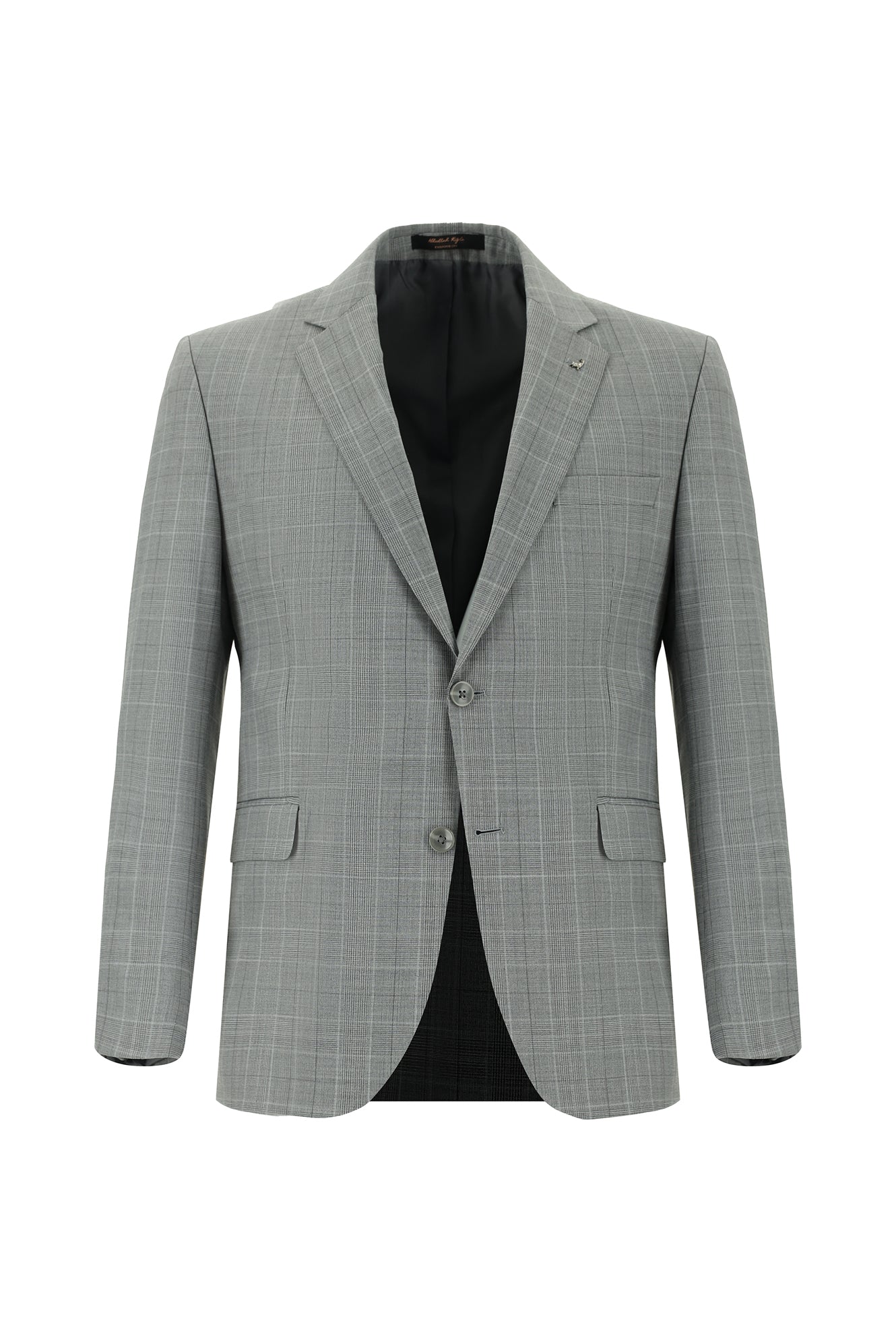 Orta Füme Slim Fit Dar Kesim Yünlü Klasik Ekose Takım Elbise