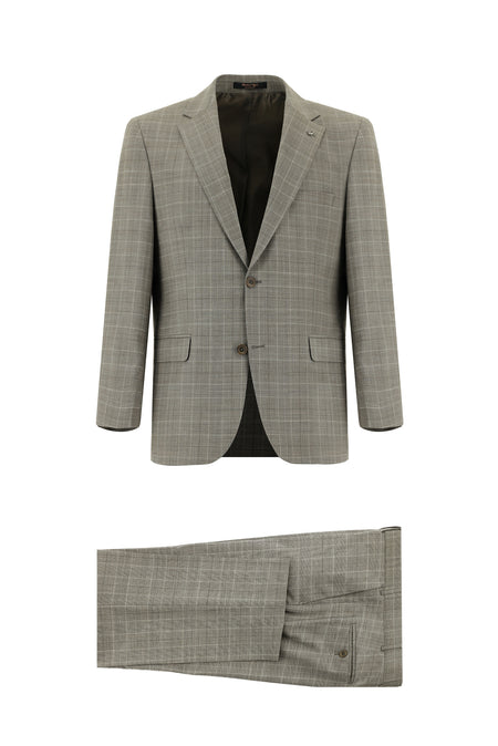 Koyu Vizon Slim Fit Dar Kesim Yünlü Klasik Ekose Takım Elbise