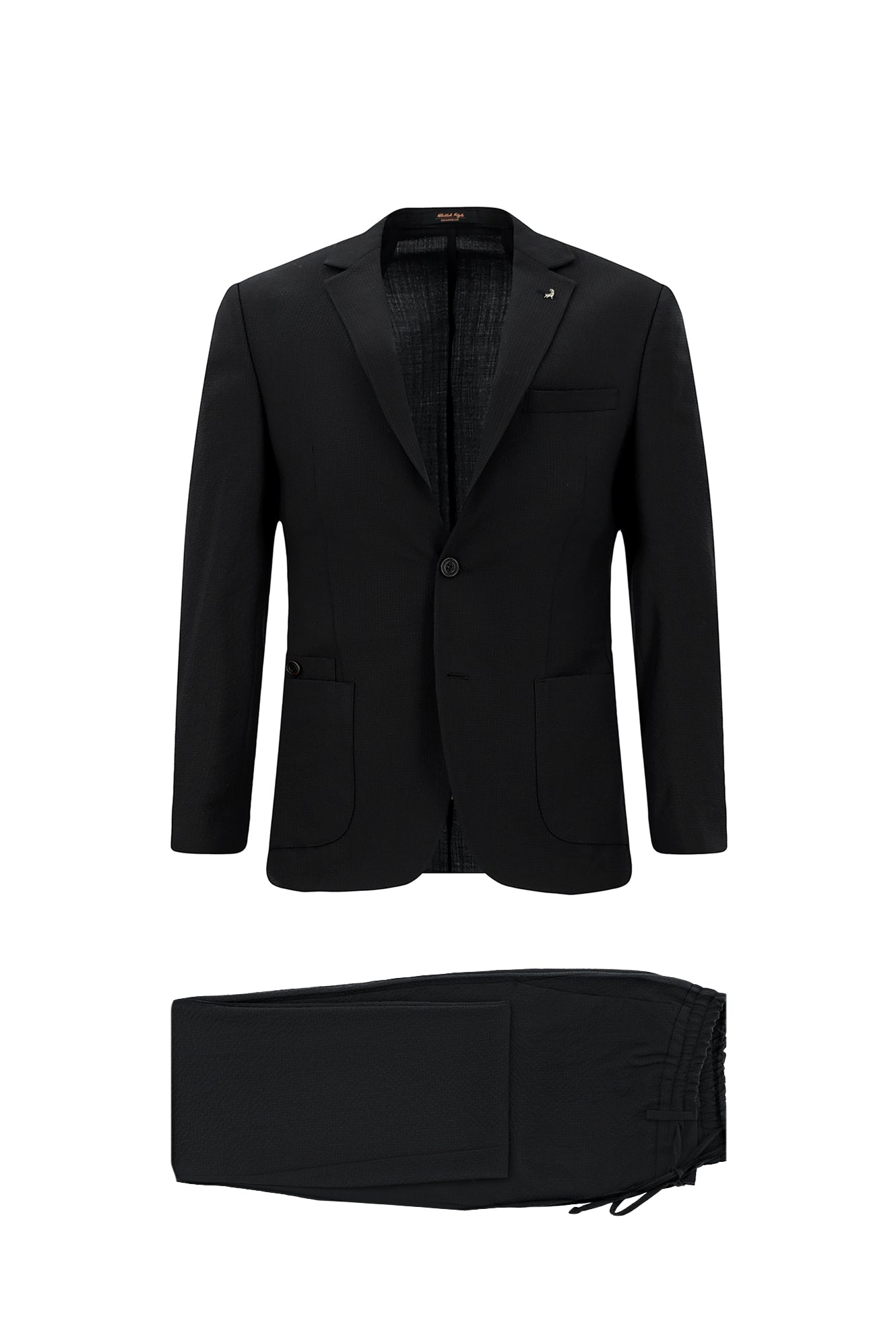 Siyah Super Slim Fit Ekstra Dar Kesim Yünlü Ekose Beli Lastikli İpli Gofre Takım Elbise