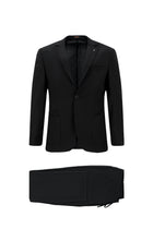 Siyah Super Slim Fit Ekstra Dar Kesim Yünlü Ekose Beli Lastikli İpli Gofre Takım Elbise